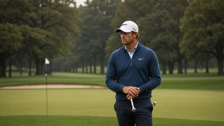 A golfer sulks near a green on a golf course.