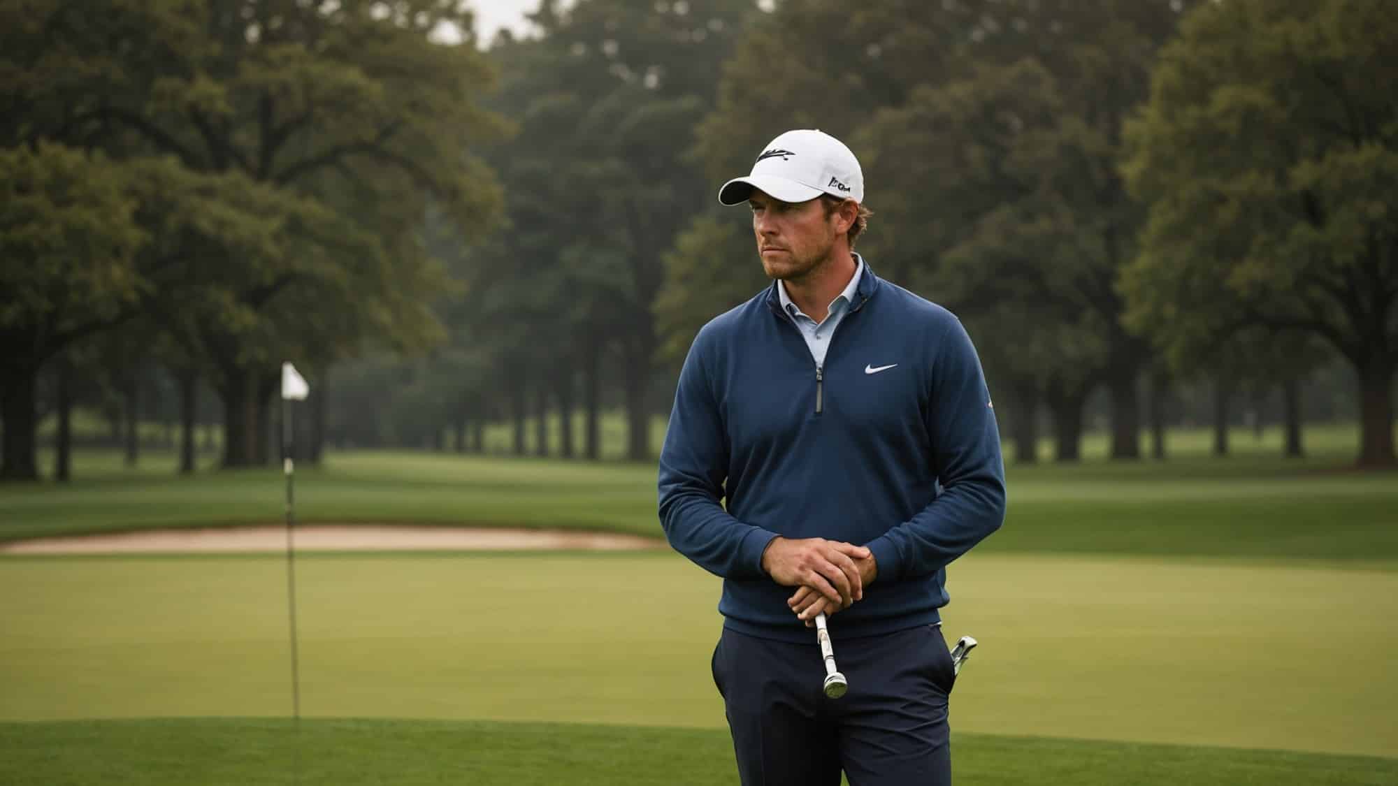 A golfer sulks near a green on a golf course.